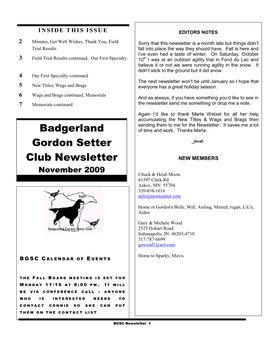 BADGERLAND GORDON SETTER CLUB NEWSLETTER EDITOR Janet Gomez 920-855-1481 E-Mail: Janetgomez@Centurytel.Net