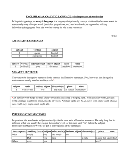 ENGLISH AS an ANALYTIC LANGUAGE – the Importance of Word Order