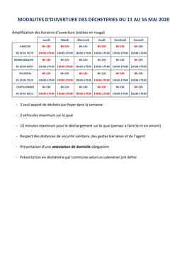 Modalites D'ouverture Des Decheteries Du 11 Au 16 Mai