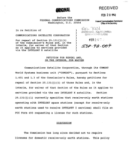 Iilglnal RECEIVED FEB 2 0 1992 Before the FEDERAL COMMUNICATIONS COMMISSION Federal Commlllicalions Commission Washington, D.C