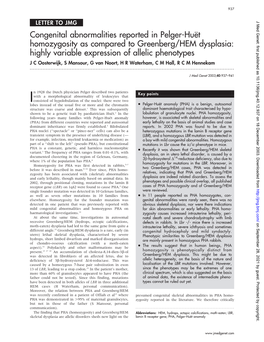 Congenital Abnormalities Reported in Pelger-Huët Homozygosity As Compared to Greenberg/HEM Dysplasia