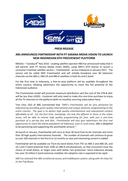 Press Release Abs Announces Partnership with Pt Sarana Media Vision to Launch New Indonesian Dth Freeviewsat Platform