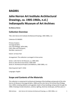 John Herron Art Institute Architectural Drawings, Ca. 1905-1960S, N.D.| Indianapolis Museum of Art Archives