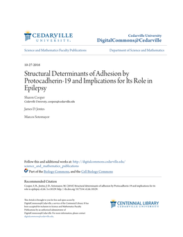 Structural Determinants of Adhesion by Protocadherin-19 and Implications for Its Role in Epilepsy Sharon Cooper Cedarville University, Coopers@Cedarville.Edu