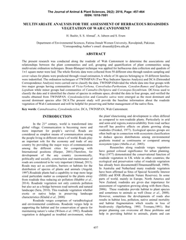 Multivariate Analysis for the Assessment of Herbaceous Roadsides Vegetation of Wah Cantonment