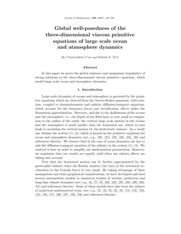 Global Well-Posedness of the Three-Dimensional Viscous Primitive Equations of Large Scale Ocean and Atmosphere Dynamics