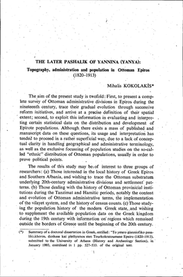 (1820-':'1913) Mihalis Kokolakis* the Aim of the Preseiıt Study Is Twofold: First, to Present a Comp- Letesurvey .0Fottoman Ad