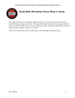 Study Skills Workshop: Great Ways to Study