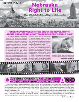 September 2015 Nebraska Right to Life State Affiliate to the National Right to Life Committee