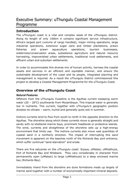 Executive Summary: Uthungulu Coastal Management Programme Introduction the Uthungulu Coast Is a Vital and Complex Asset of the Uthungulu District