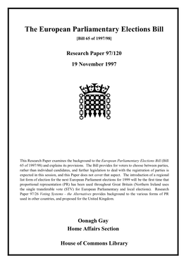 European Parliamentary Elections Bill [Bill 65 of 1997/98]