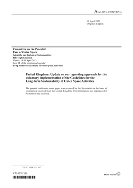 United Kingdom: Update on Our Reporting Approach for the Voluntary Implementation of the Guidelines for the Long-Term Sustainability of Outer Space Activities