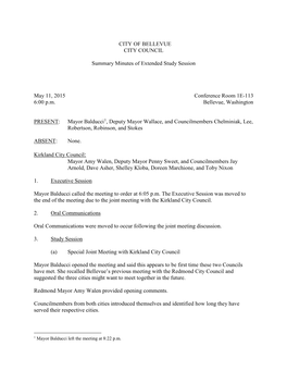 CITY of BELLEVUE CITY COUNCIL Summary Minutes of Extended