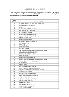 Códigos Entidades En Bvc