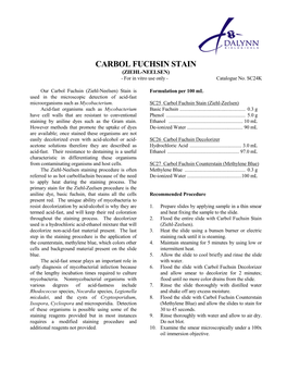 CARBOL FUCHSIN STAIN (ZIEHL-NEELSEN) - for in Vitro Use Only - Catalogue No