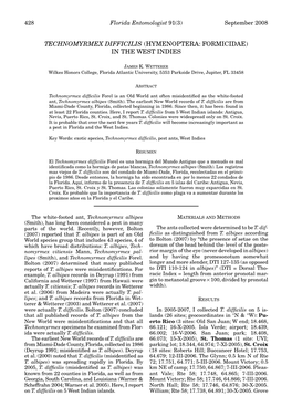 Technomyrmex Difficilis (Hymenoptera: Formicidae) in the West Indies