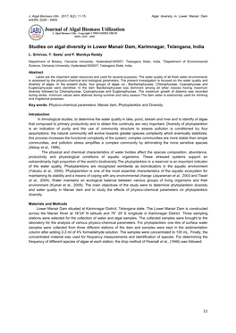 Studies on Algal Diversity in Lower Manair Dam, Karimnagar, Telangana, India