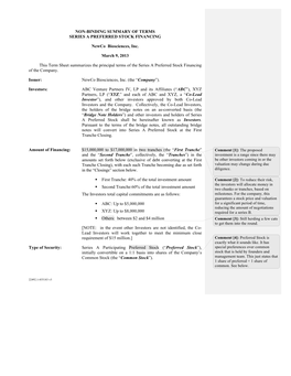 Non-Binding Summary of Terms Series a Preferred Stock Financing