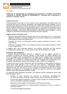 PERCORSI DI REINSERIMENTO”, Finalizzato Alla Ricollocazione Di Lavoratori in Mobilità L.236/93