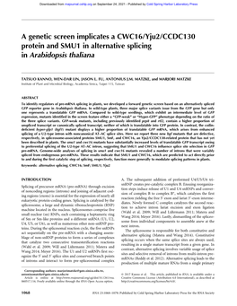 A Genetic Screen Implicates a CWC16/Yju2/CCDC130 Protein and SMU1 in Alternative Splicing in Arabidopsis Thaliana