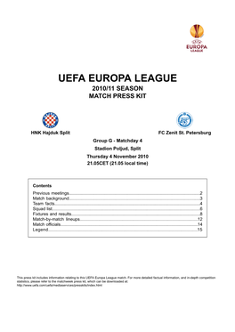 Uefa Europa League 2010/11 Season Match Press Kit
