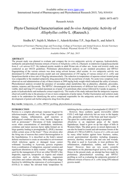 Phyto Chemical Characterisation and In-Vivo Antipyretic Activity of Allophyllus Cobbe L. (Raeusch.)