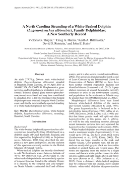 A North Carolina Stranding of a White-Beaked Dolphin (Lagenorhynchus Albirostris), Family Delphinidae: a New Southerly Record Victoria G