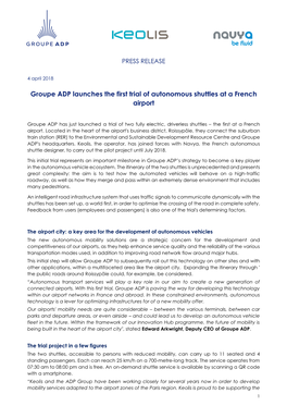 GROUPE ADP LAUNCHES the FIRST TRIAL of AUTONOMOUS SHUTTLES at a FRENCH AIRPORT (Pdf)