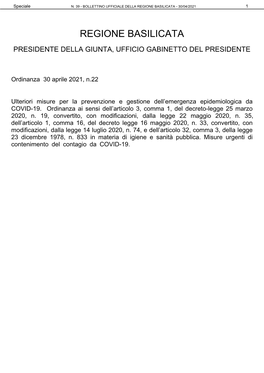 Ordinanza N° 22 Del 30 Aprile 2021