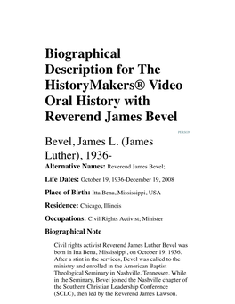 Biographical Description for the Historymakers® Video Oral History with Reverend James Bevel