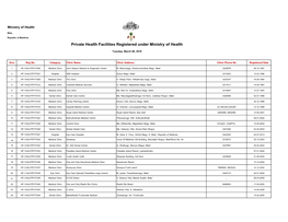 Private Health Facilities Registered Under Ministry of Health Tuesday, March 06, 2018