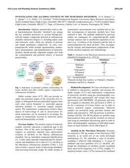 INVESTIGATING the ALCOHOL CONTENT of the MURCHISON METEORITE. D. N. Simkus1,2, J. C. Aponte2,3, J. E. Elsila2, J. P. Dworkin2. 1