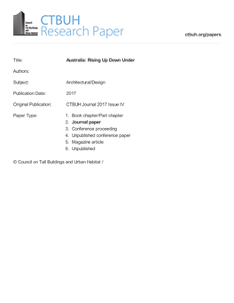 Australia: Rising up Down Under 2. Journal Paper Ctbuh.Org/Papers