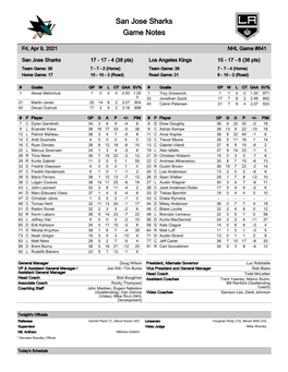 San Jose Sharks Game Notes