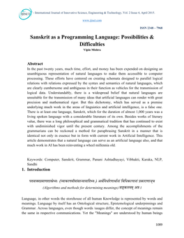 Sanskrit As a Programming Language: Possibilities & Difficulties Vipin Mishra