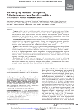 Biology of Human Tumors Research Mir-409-3P/-5P Promotes Tumorigenesis, Epithelial-To-Mesenchymal Transition, and Bone Metastasis of Human Prostate Cancer