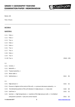 Grade 11 Geography Year End Examination Paper 1 Memorandum