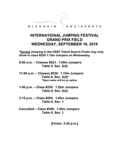 International Jumping Festival Grand Prix Field Wednesday, September 18, 2019