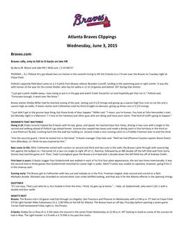 Atlanta Braves Clippings Wednesday, June 3, 2015 Braves.Com