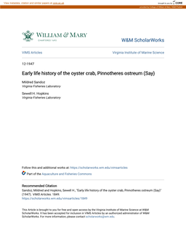 Early Life History of the Oyster Crab, Pinnotheres Ostreum (Say)