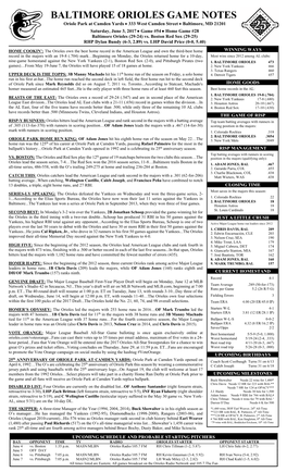 BALTIMORE ORIOLES GAME NOTES Oriole Park at Camden Yards  333 West Camden Street  Baltimore, MD 21201