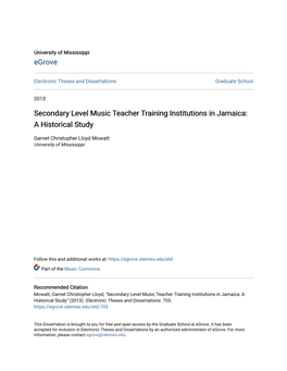 Secondary Level Music Teacher Training Institutions in Jamaica: a Historical Study
