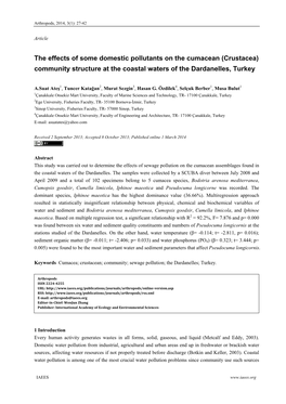 The Effects of Some Domestic Pollutants on the Cumacean (Crustacea) Community Structure at the Coastal Waters of the Dardanelles, Turkey