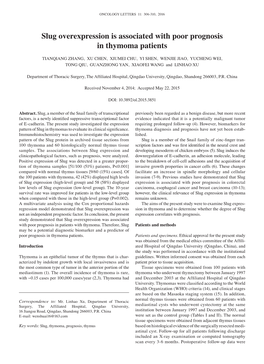 Slug Overexpression Is Associated with Poor Prognosis in Thymoma Patients