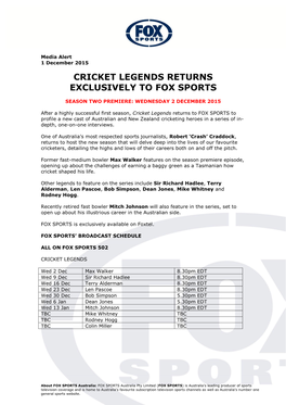 Cricket Legends Returns Exclusively to Fox Sports