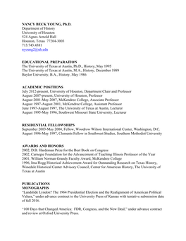 NANCY BECK YOUNG, Ph.D. Department of History University of Houston 524 Agnes Arnold Hall Houston, Texas 77204-3003 713.743.4381 Nyoung2@Uh.Edu