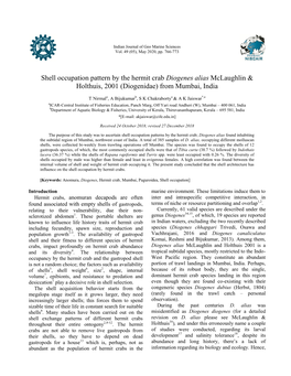 Shell Occupation Pattern by the Hermit Crab Diogenes Alias Mclaughlin & Holthuis, 2001 (Diogenidae) from Mumbai, India