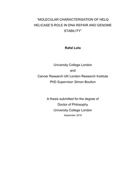 “Molecular Characterisation of Helq Helicase's Role In