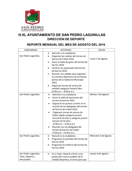 H.Xl Ayuntamiento De San Pedro Lagunillas Dirección De Deporte Reporte Mensual Del Mes De Agosto Del 2016
