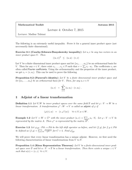 October 7, 2015 1 Adjoint of a Linear Transformation